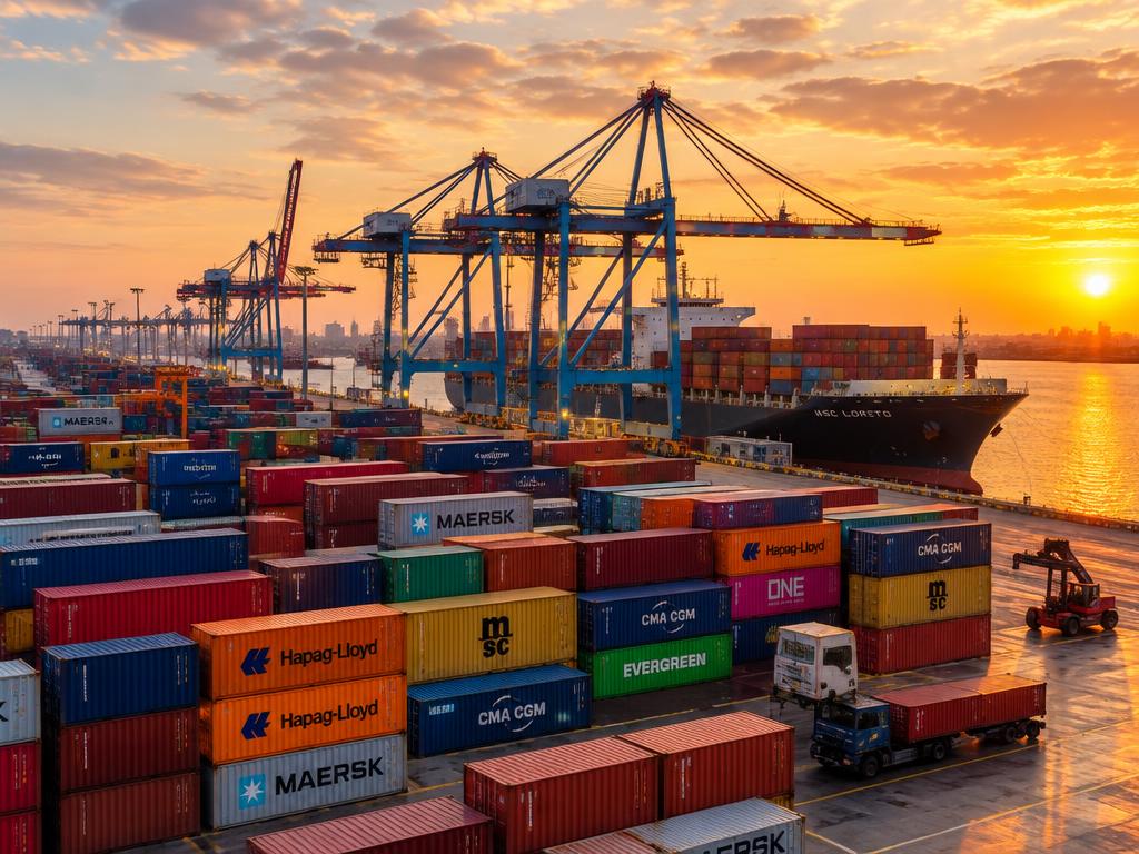 Shipping containers stacked at a port